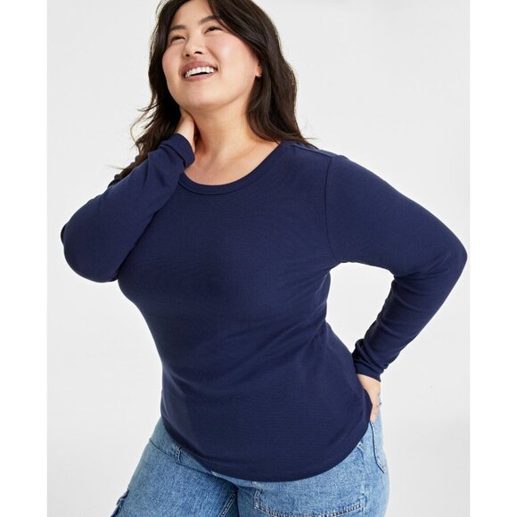 On 34th Womens Plus Size 1X Ribbed Long-Sleeve T-Shirt in Intrepid Blue 970 - Picture 1 of 7